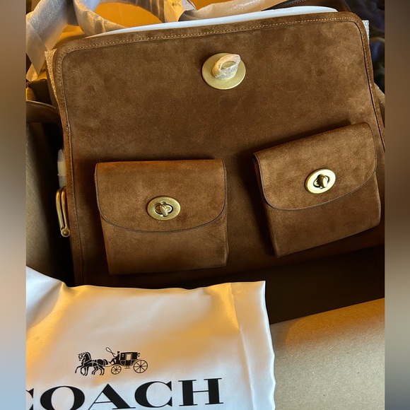 Coach Handbags - Coach Brown Suede Crossbody Haversack with Gold Hardware